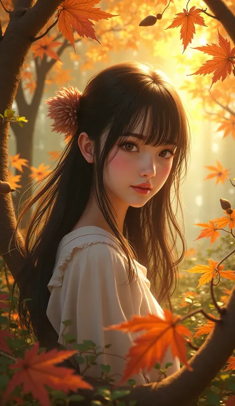 A beautiful girl in a magical forest, autumn scenery, fantasy, anime style, girl with forest animals, (best quality,4k,8k,highres,masterpiece:1.2),ultra-detailed,(realistic,photorealistic,photo-realistic:1.37),highly detailed face and eyes, beautiful long ...