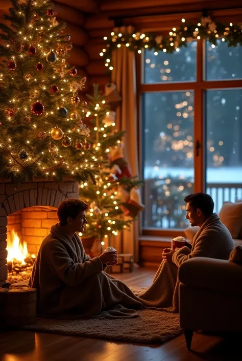 A cozy, warmly lit cabin interior on Christmas Eve, filled with festive decorations. A beautifully decorated Christmas tree stands beside a stone fireplace, each branch adorned with shimmering ornaments, twinkling lights, and golden ribbons. The fireplace ...