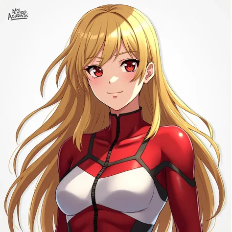 My Hero academia oc girl with long blond hair open, red eyes, No Sexy Clothes Red and White