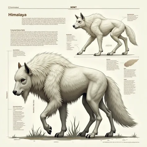 Ultimate evolution hybrid animal, in infographic data, unusual himalayan byson fusion with fox with white fur, beautiful creature, intricate proprtional fusion body parts