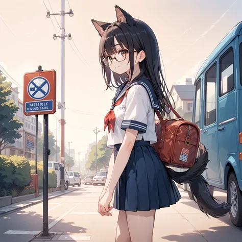 Black Hair, long hair,Glasses,Dog ears,Dog tail,Beastman. sailor suit,bus stop,Commuting