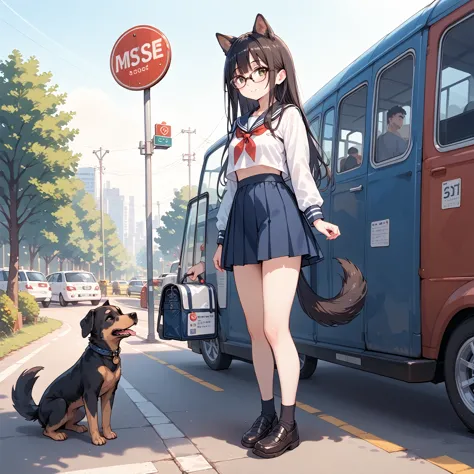 Black Hair, long hair,Glasses,Dog ears,Dog tail,Beastman. sailor suit,bus stop,Commuting