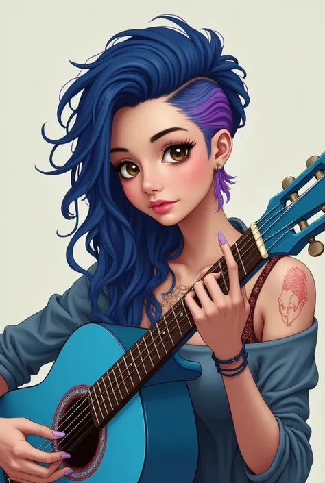  Drawing of a brown-eyed woman , long wavy blue hair thrown aside, com uma mecha roxa e a lateral sidecut. Playing a blue acoustic guitar with a sticker written Blue. 