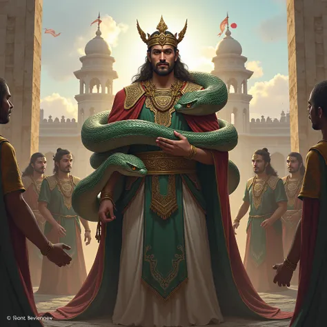 Goggaji Being Honored by the Serpents
Prompt: "The serpents, now calm, honor King Goggaji by wrapping around his arms and shoulders like a royal crown. The royal fort is visible in the background, as the king stands proud, now regarded as a protector of th...