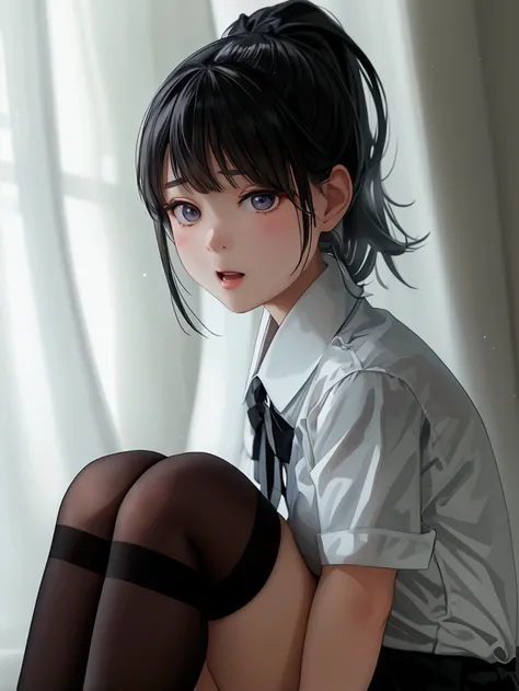 Wearing a JK uniform， black over-the-knee socks cover slender legs，A pair of black leather shoes on the foot ， Japanese girl in a single ponytail。 The white face is very beautiful and moving，Like a meticulously crafted doll，There was a sly laugh on my face...