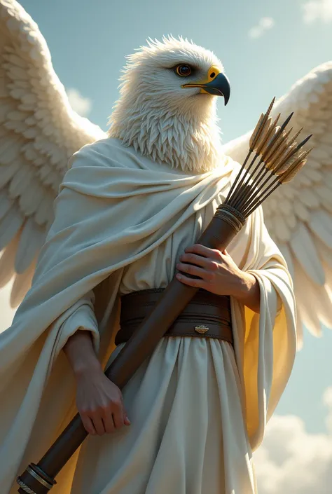 A angel like male  falcon face have wavy beard and have falcon wings and put white dress and have quiver full shiny leather and  full of silver colour arrows