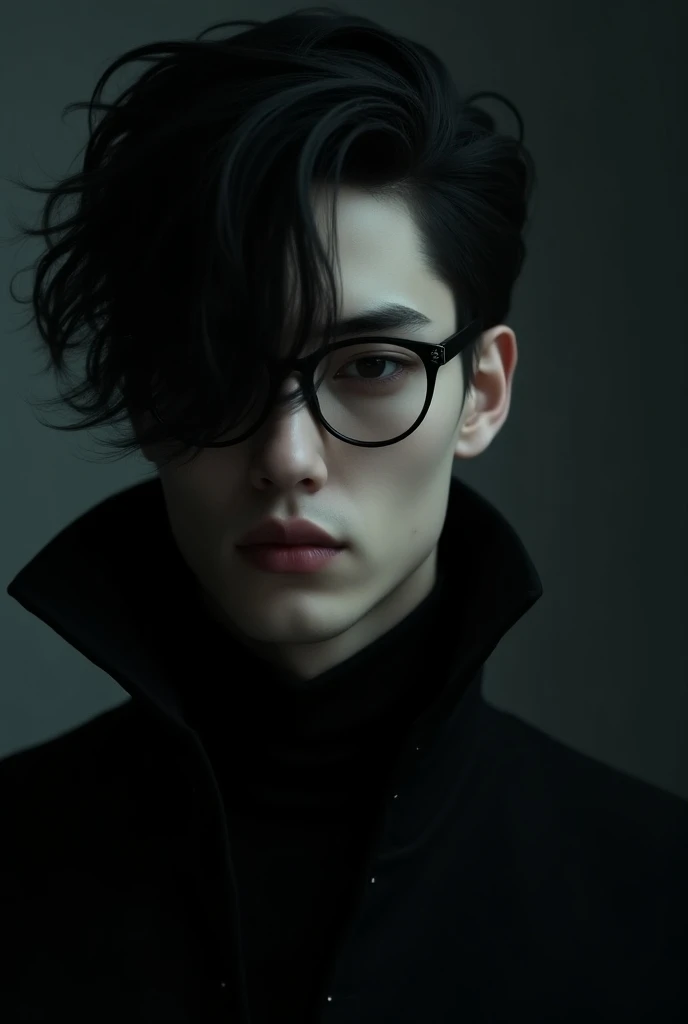 A man physically similar to Mariana, gothic style, with glasses, curtain hairstyle ,  Male face 