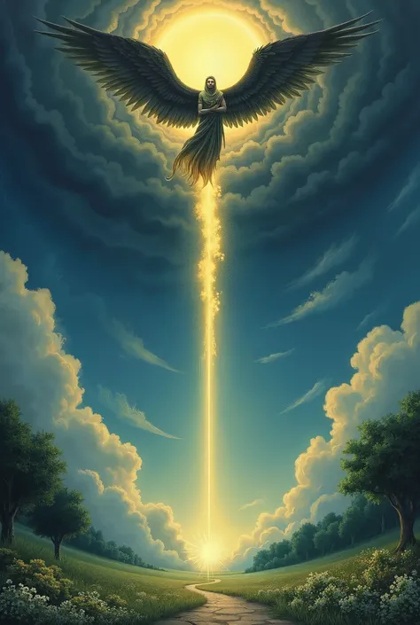 Illustration by Kinuko Y. Craft, pastel pencil drawing, a dark angel with dark wings descends from the dark sky to the earth along a beam of light, the angel is powerful and slowly goes down from the sky along a beam of light that breaks through the dark c...