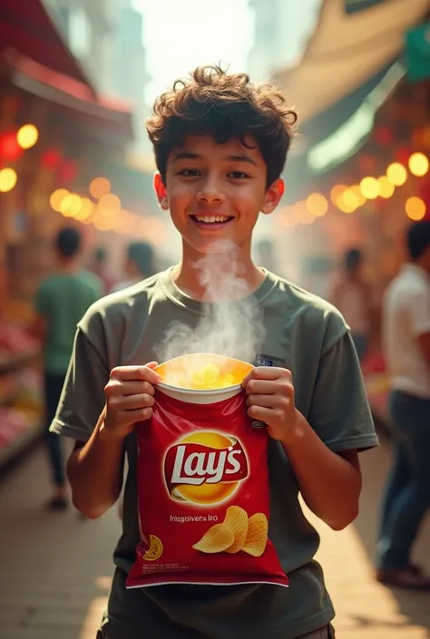 A young man opened a chip bag in a market with his hands and their is a small smoke above the chips packet, chips bag is empty from above, a lays 