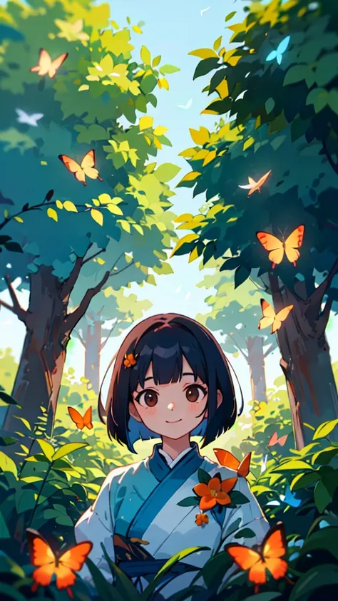  A portrait of a beautiful and delicate girl with a soft and gentle expression、smile、 dark blue hair 、 jet black brown eyes 、 bob cut、 orange hair ornament 、 The background landscape is a blooming bush and butterflies flying around 々Its a garden where ther...