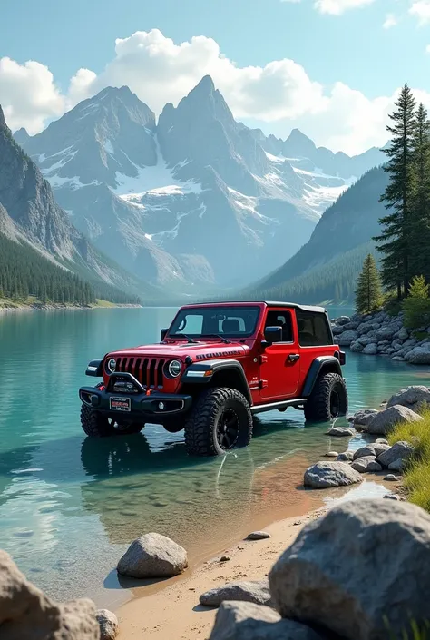 Realistic alpine trees, lake and mountain and rock and  sand in water  and a Rubicon  jeep in half water and half in outside water 