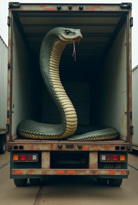 There is a huge snake sitting in a truck