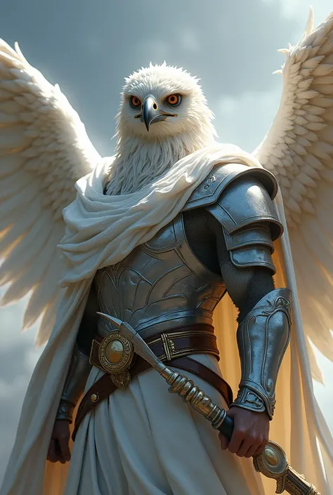 A angel like male  falcon face have wavy beard and have falcon wings and put white dress and shoulder are silver metal and have quiver full shiny leather and  full of silver colour arrows