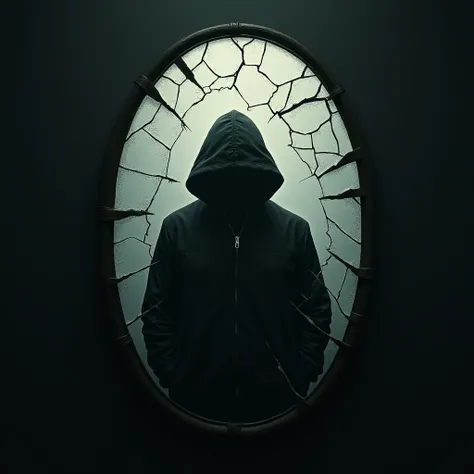 Broken mirror with man silhouette back view, crack, shattered glass,hoodie,noir