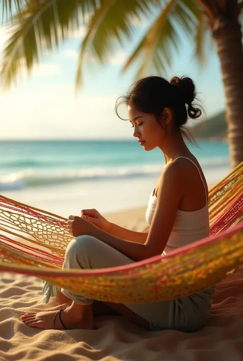 Woman weaving a hammock in the foreground and the beach behind in the background 