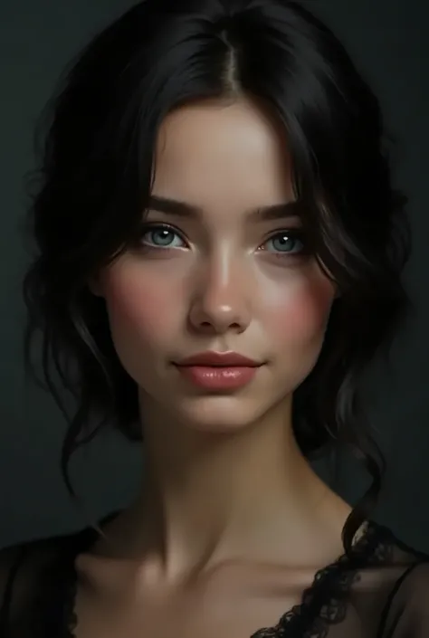 A young adult model potrait in their twenties, with a warm and radiant smile, is the subject of a highly detailed, hyperrealistic portrait. The model has short to mid-length long hair and striking, large eyes that convey a sense of positivity and happiness...