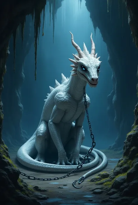  Blue-eyed ribbed white dragon , chained in a cave  