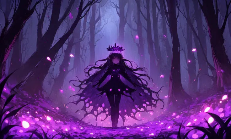 in a dark forest, the ground is lit up by violet glowing fungus, a cute violet elf (leaf outfit) is gathering berries
