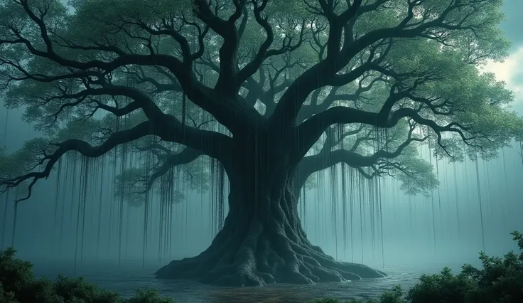 Generate 3d animated image of a big Banyan tree and a big thoofan rain