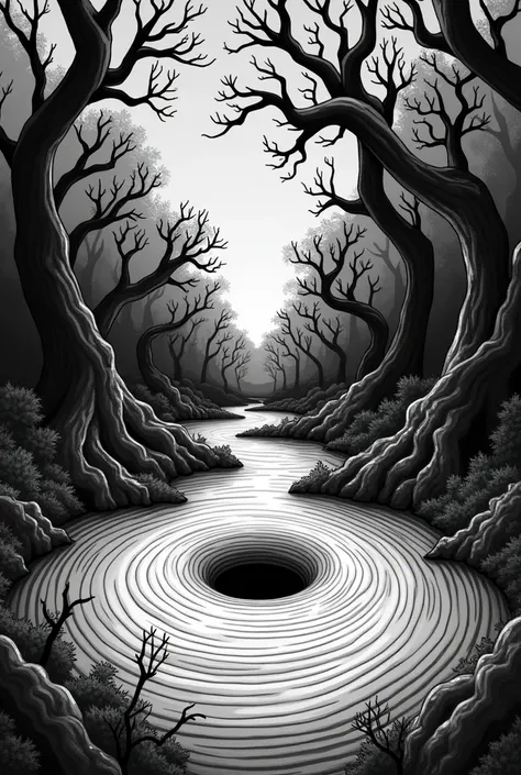  Create from the anime written by Junji Ito called Uzumaki in monochrome colors, a spiraling lake and spiraling trees 