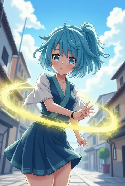 I want anime charactor girl around 15-20 blue hair clound style modern cloth and japanese cloth and have a yellow power and have a cloubd as weapon