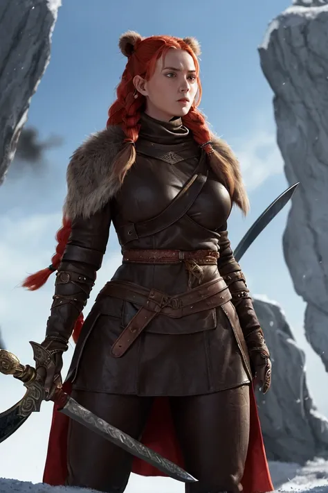  Freydis Eiriksdottir is a woman Tall and with an imposing presence with a magical aura , measuring about 1,80 m,  with a physique sculpted by hard life in the icy and magical lands and the battles faced.  Her hair is long and red like fire ,  cascading do...