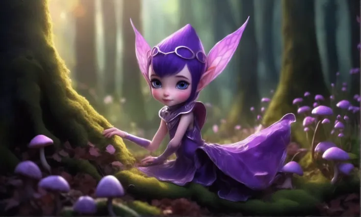 a cute violet elf (leaf outfit) in a dark forest, the ground is lit up by violet glowing fungus, gathering berries, (best quality,4k,8k,highres,masterpiece:1.2),ultra-detailed,(realistic,photorealistic,photo-realistic:1.37),fantasy,fairy,magical,enchanting...