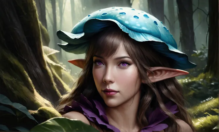 a cute violet elf (leaf outfit) in a dark forest, the ground is lit up by violet glowing fungus, gathering berries, (best quality,4k,8k,highres,masterpiece:1.2),ultra-detailed,(realistic,photorealistic,photo-realistic:1.37),fantasy,fairy,magical,enchanting...