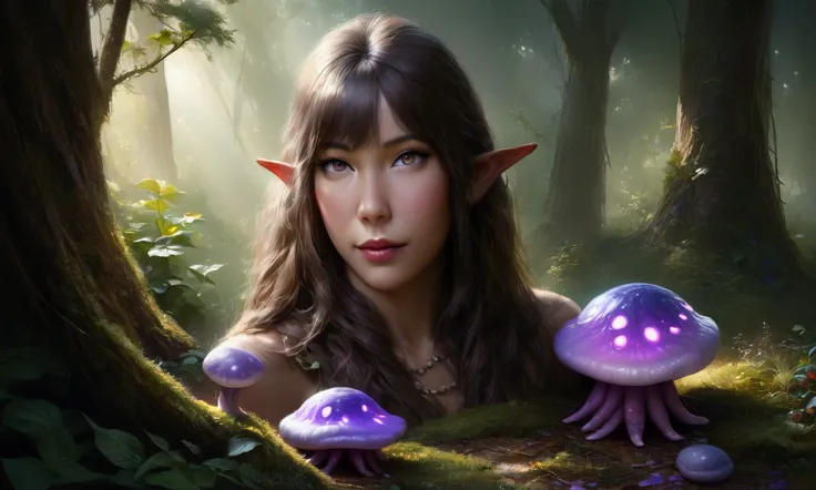 a cute violet elf (leaf outfit) in a dark forest, the ground is lit up by violet glowing fungus, gathering berries, (best quality,4k,8k,highres,masterpiece:1.2),ultra-detailed,(realistic,photorealistic,photo-realistic:1.37),fantasy,fairy,magical,enchanting...