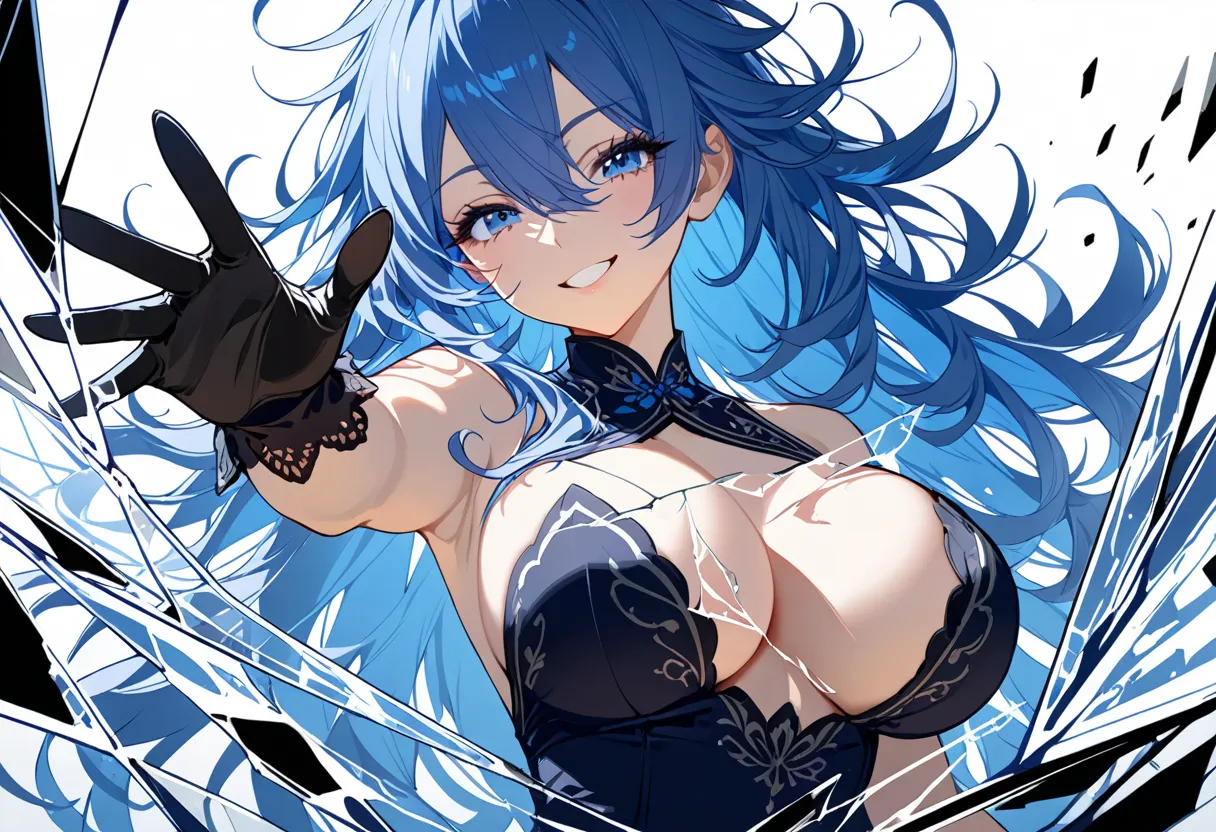 1girl,solo,smile,detailed line art, hair between eyes,eyelashes,black glove,blue hair,one hand reaching out,messy hair, front vi...