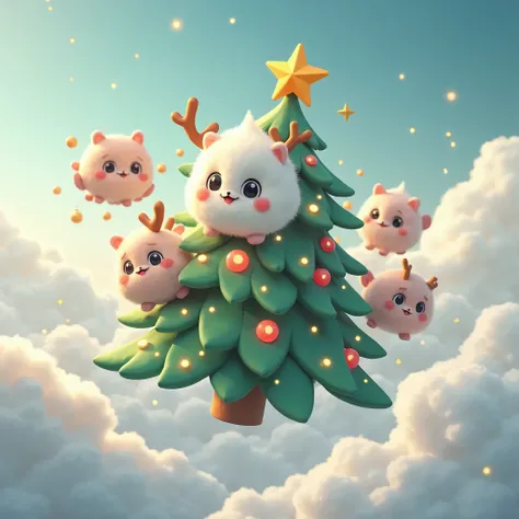 , cute little fluffy furry  robotic christmas tree creature  flying in the sky, cloudy with friends , happy, , christmas  theme,  3d, anime, , unreal engine, 8k, hd, 