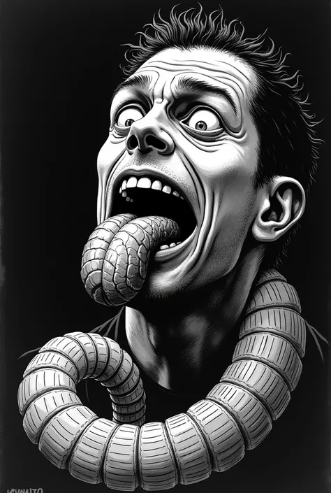  Create from the anime written by Junji Ito called Uzumaki in monochrome colors,  A man crazy about spirals turning his tongue into spirals in the shape of a pacifier