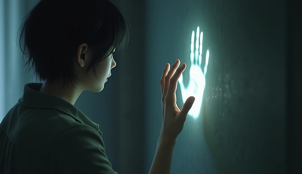 "A close-up of the character’s hand touching a wall where a faint handprint seems to glow briefly. His face shows a mix of longing and sadness, capturing the feeling of wanting to connect with something or someone no longer there."