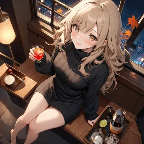 high resolusion, master piece, a lazy girl, cute, fluffy long beige hair, beige eyes, black high neck, long sleeve, knit dress, autumn, night, bar, date, hot cocktail, drunk, full body, real body, from above,