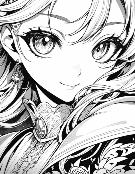 Close up of smiling face without contour, black and white shojo manga style, detailed shojo manga face, shojo manga style with only eyes, nose and mouth, striking manga art style, old shojo manga style, rose of versailles style, detailed face background de...