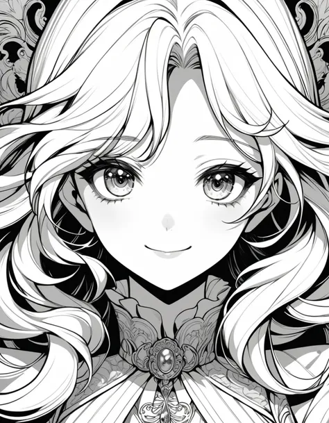 Close up of smiling face without contour, black and white shojo manga style, detailed shojo manga face, shojo manga style with only eyes, nose and mouth, striking manga art style, old shojo manga style, rose of versailles style, detailed face background de...