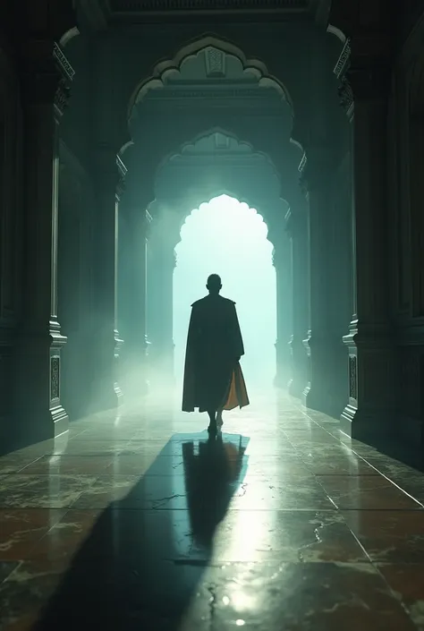 A very clear ultra HD dynamic image of"Image Prompt: King Vikram walking alone in a grand, dimly lit palace corridor. The floor is covered with a faint mist, and shadows loom, creating a sense of solitude."
