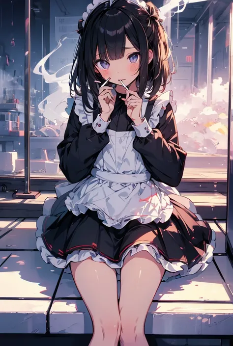 ((Maid服))、((girl smoking a cigarette))
 1 girl,  high resolution on down,  Glance , Maid、Black Hair、Cheek resting on hand、 exercise sitting、tongue,  open your mouth slightly ,  Disrespectful Eyes , jitome,Devil Eye, 