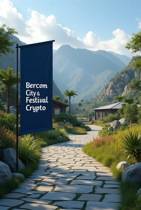 Marcé à, in a well-planned and modern tourist village in the mountains of Madagascar, innovated technological and stone road arranged,  there is a dark blue colored banner  "BERCOM CITY & festival Crypto", Add a natural grass soccer stadium next door !