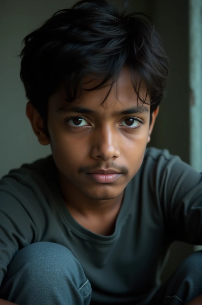 A 20-year-old Indian boy is sitting in, looking towards the camera.
