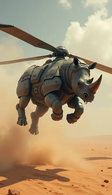 A powerful rhino with a large rotor blade mounted on its back and smaller stabilizers along its armored body. The rhino hovers over a desert landscape, with sand swirling below from the downdraft.


