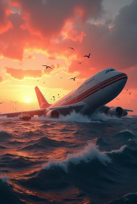 Plane crashes inside the sea with sun set