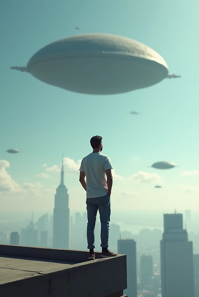 A man in casual clothes on top of a building looking up at the sky where ships shaped like dark round spheres are coming from space.