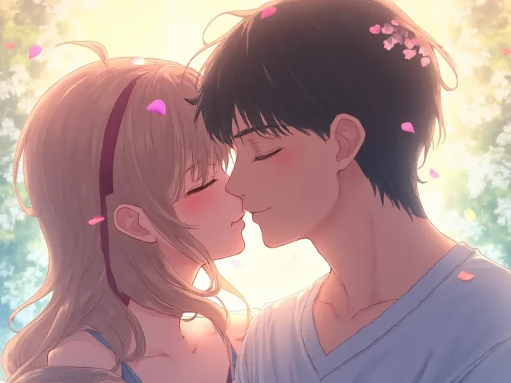 A man and a woman kissing anime but both very beautiful