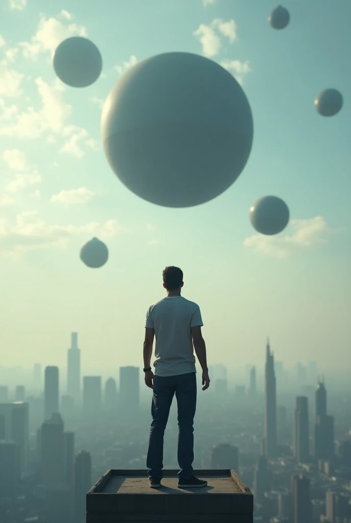 A man in casual clothes on top of a building looking up at the sky where ships shaped like dark round balls are coming from space.