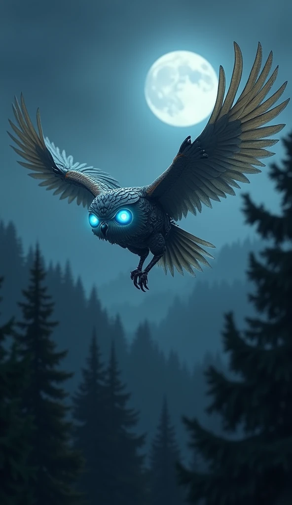 An owl with silent, stealthy rotor blades instead of wings, gliding over a nighttime forest. The owl’s eyes glow with an intense blue light, and its feathers have a metallic texture, enhancing its mysterious, high-tech look.



