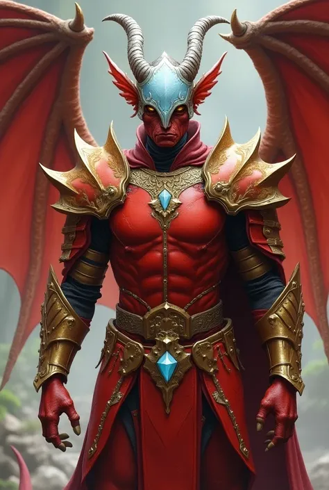 A red armor ,  he has a light blue visor that covers a large part of his face and some horns that sprout where he ends ,  the base of his horns is light blue and the rest of the gold ,  is thin and has horns on his shoulders as well as straps . .  and gold...