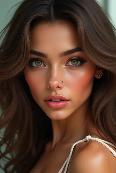 Create a Puerto Rican-looking woman with the following features: brown wavy hair, green almond-shaped eyes, white skin, full pink lips, high cheek bones and a curved pointed nose