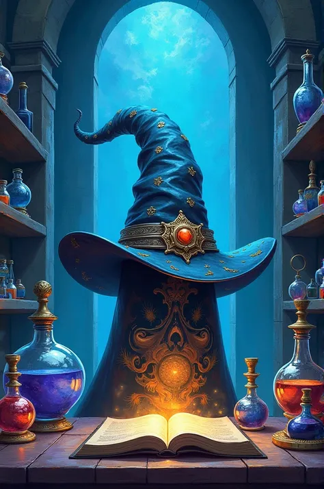 an illustrated poster， Abstract Realistic Oil Painting Style Cover， magic theme ，Blue tint， is full of magic，Big themed magic hat，Magic crystal ball， has an open magic book on the desktop， is surrounded by many colored potions ，shelf，Magic Potion店，magical ...