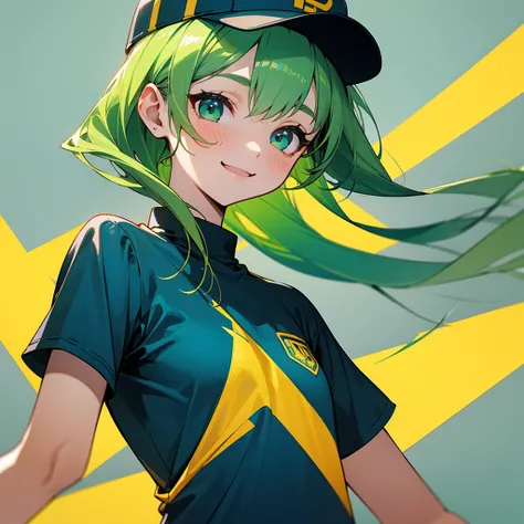  1 girl、long yellow-green hair 、smile、 upper body、 Glance 、sporty boyish girl、T-Shirts、Cap